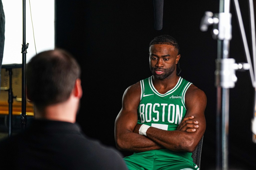 Sep 24, 2024; Boston, MA, USA; Boston Celtics guard Jaylen Brown (7) during media day at Auerbach Center.