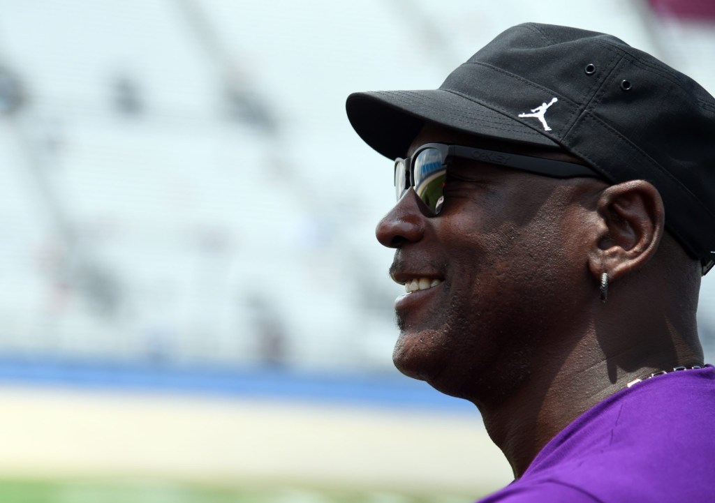 Jun 25, 2022; Nashville, Tennessee, USA; NASCAR Cup Series 23XI Racing owner Michael Jordan on pit road during qualifying for the Ally 400 at Nashville Superspeedway.