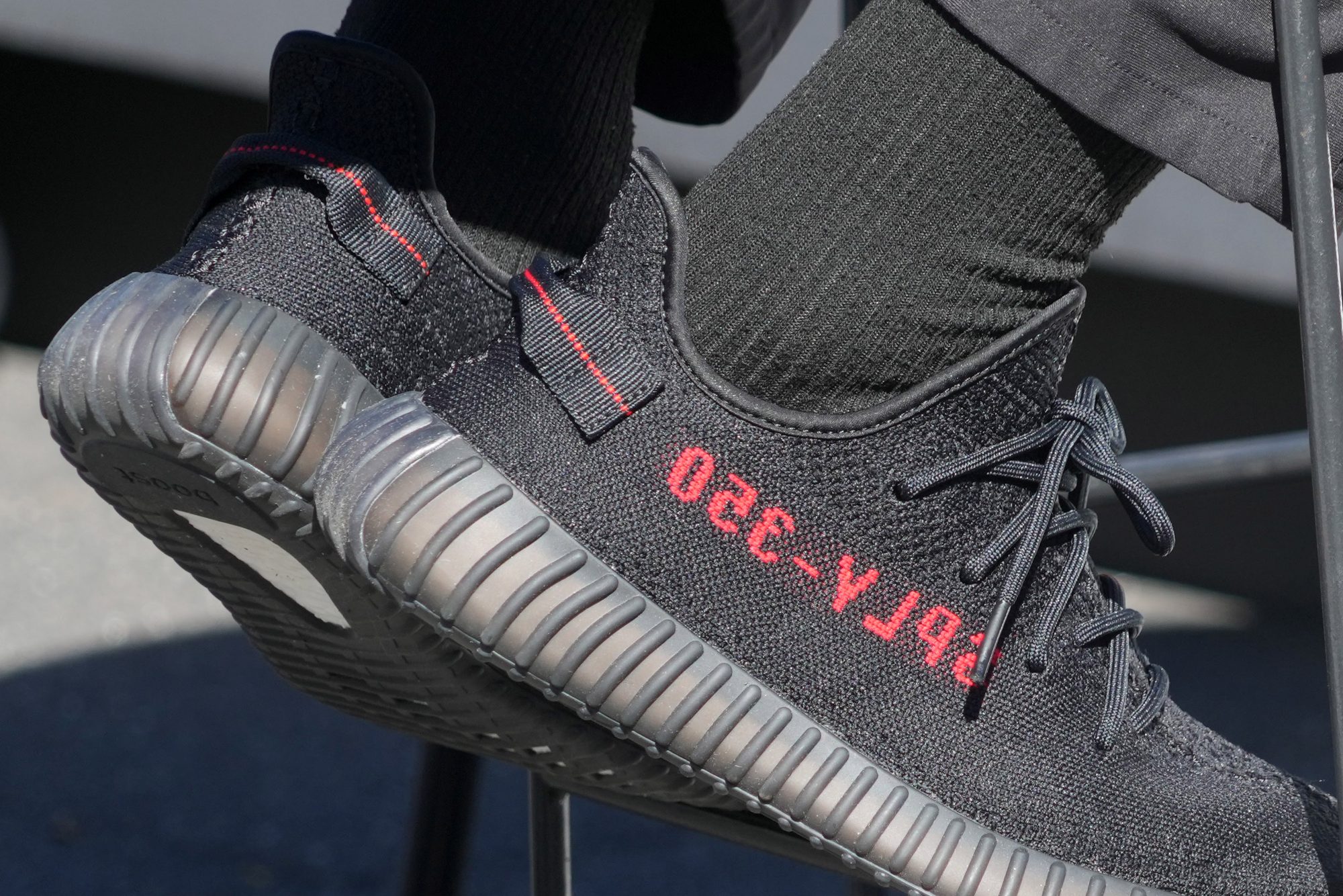 Oct 26, 2022; San Francisco, CA, USA; A detailed view of Adidas Yeezy Boost 350 V2 "Bred" shoes worn by Arizona State Sun Devils coach Bobby Hurley during Pac-12 Media Day at Pac-12 Network Studios.