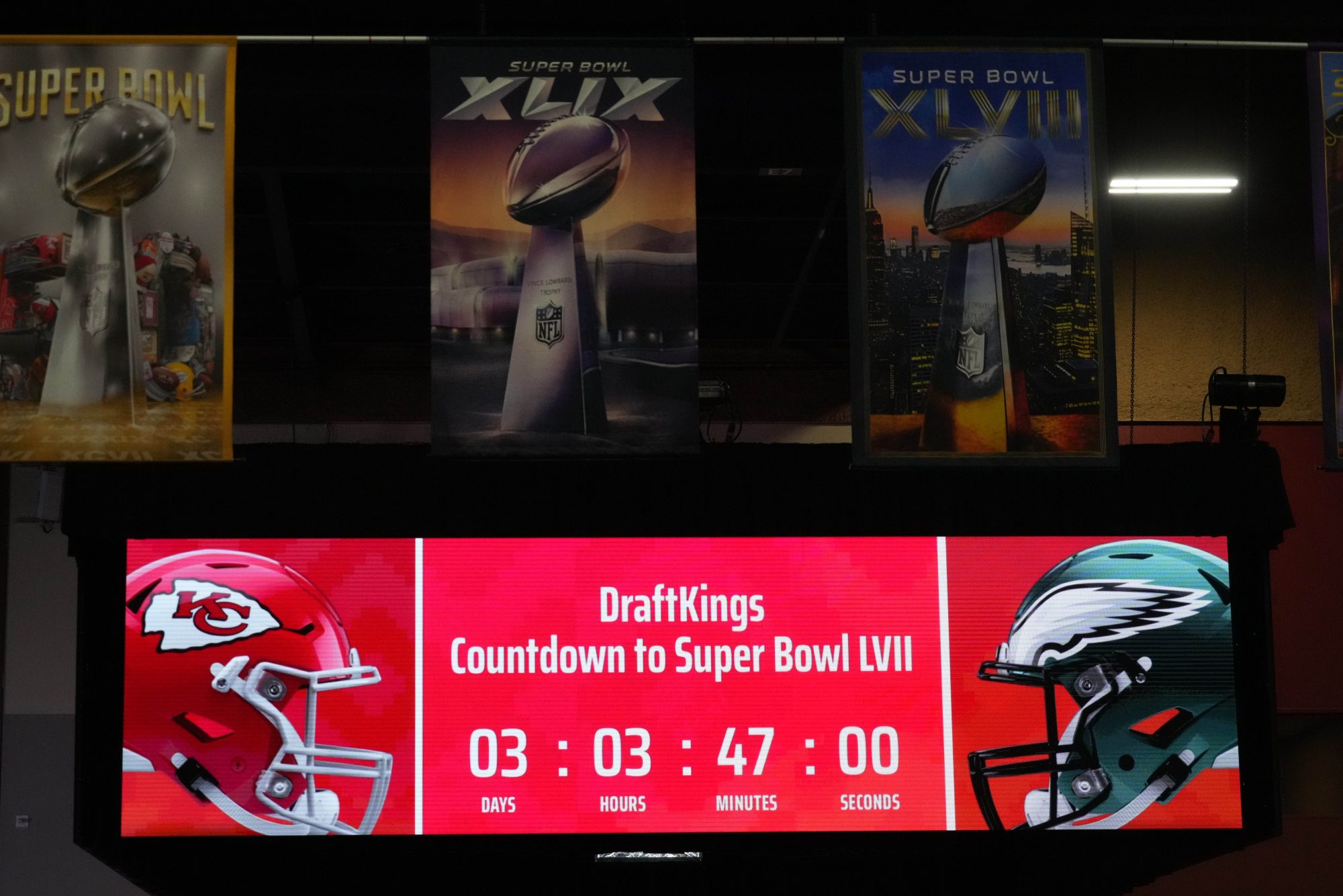 Feb 9, 2023; Phoenix, AZ, USA; A DraftKings countdown clock on radio row at the Super Bowl LVII media center at the Phoenix Convention Center.