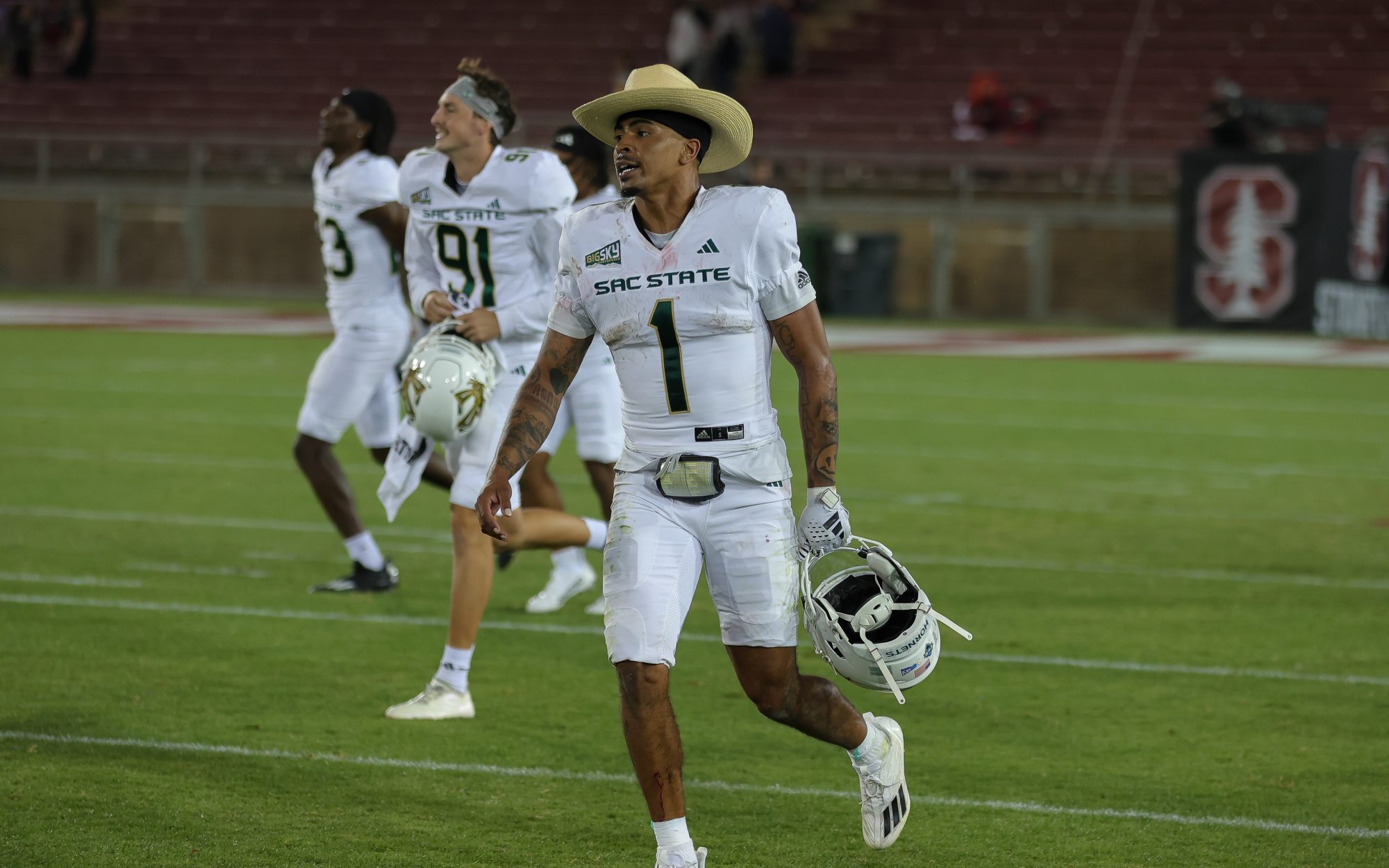 Sep 16, 2023; Stanford, California, USA; Sacramento State Hornets quarterback Kaiden Bennett (1) celebrates after the game against the Stanford Cardinal at Stanford Stadium.