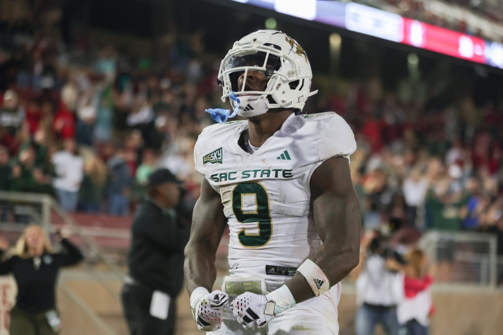 Sep 16, 2023; Stanford, California, USA; Sacramento State Hornets running back Marcus Fulcher (9) is celebrating after scoring a touchdown during the fourth quarter against the Stanford Cardinal at Stanford Stadium.