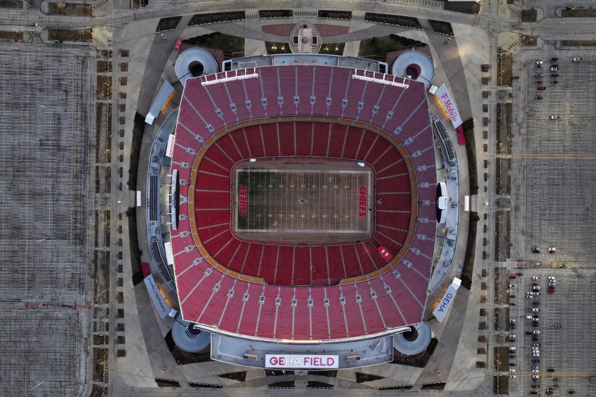 Feb 14, 2024; Kansas City, MO, USA; The Kansas City Chiefs logos at midfield and end zone at Arrowhead Stadium at the Truman Sports Complex.