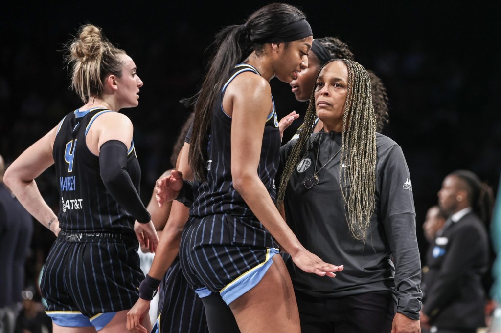 May 23, 2024; Brooklyn, New York, USA; Chicago Sky forward Angel Reese (5) talks with head coach Teresa Weatherspoon during a time out in the fourth quarter against the New York Liberty at Barclays Center.