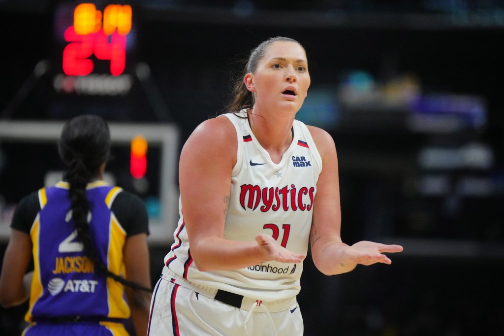 Jul 2, 2024; Los Angeles, California, USA; Washington Mystics center Stefanie Dolson (31) reacts against the LA Sparks n the second half at Crypto.com Arena.