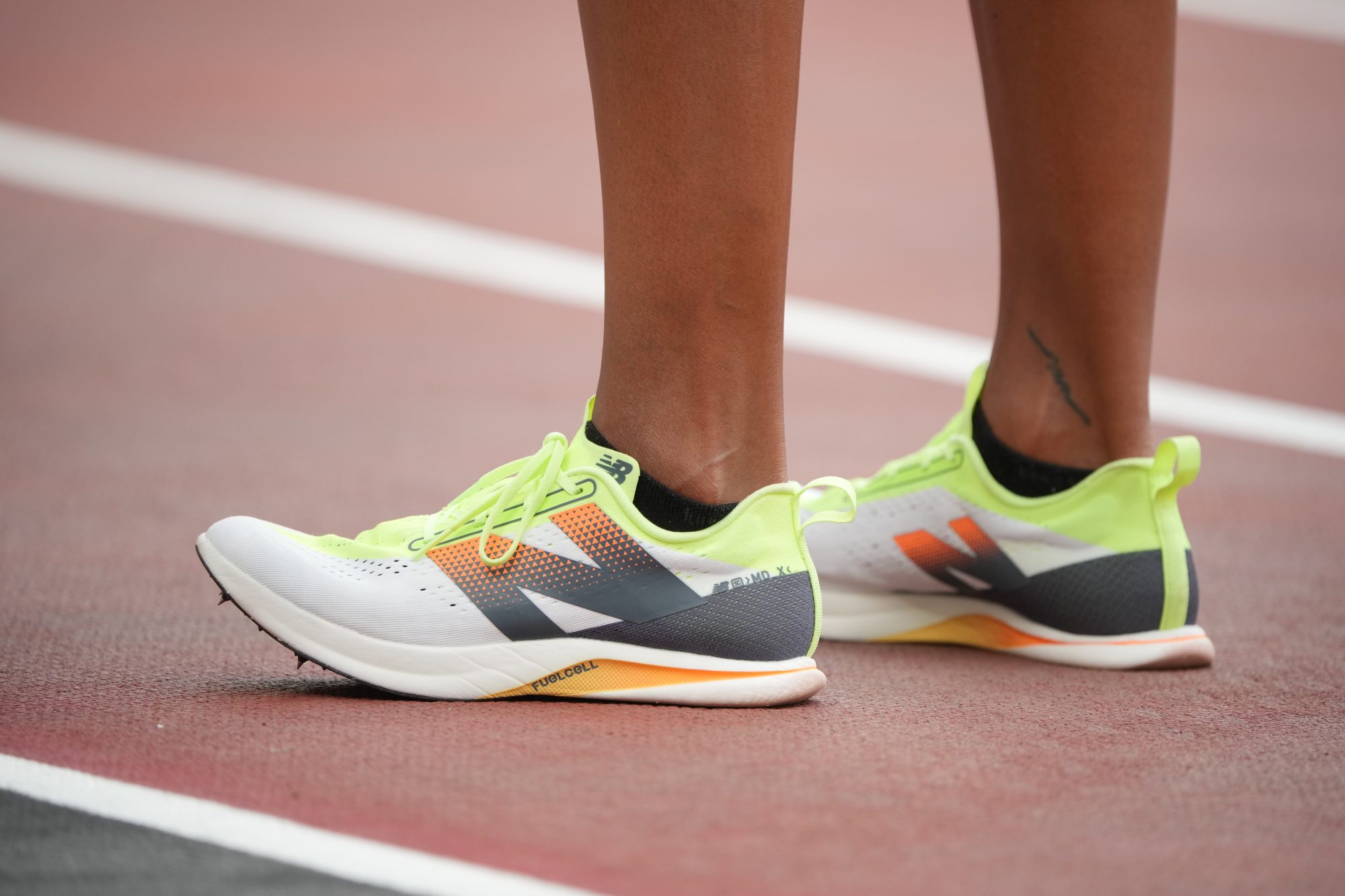 Jul 20, 2024; London, United Kingdom; The New Balance FuelCell MD-X spikes worn by Gabrielle Thomas aka Gabby Thomas (USA) in the women's 200m during the London Athletics Meet at London Stadium.