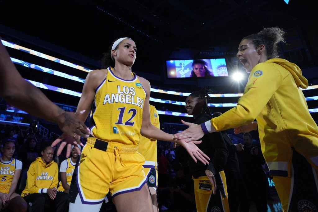 Sep 10, 2024; Los Angeles, California, USA; LA Sparks guard Rae Burrell (12) is greeted by guard Kia Nurse (10) before the game against the Connecticut Sun at Crypto.com Arena.