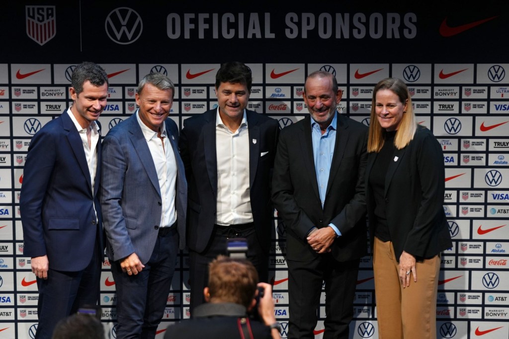 Sep 13, 2024; New York, New York, USA; United States men's national team head coach Mauricio Pochettino poses for a photo with chief executive officer and secretary general JT Batson, sporting director Matt Crocker, president Cindy Parlow Cone, and MLS commissioner Don Garber after a press conference introducing him as the new head coach for the United States men's national team at Warner Bros. Discovery Hudson Center.