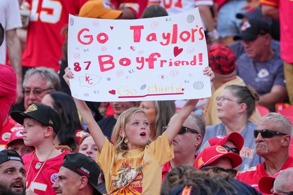 Sep 15, 2024; Kansas City, Missouri, USA; A Taylor Swift fan shows support during the game between the Kansas City Chiefs and Cincinnati Bengals at GEHA Field at Arrowhead Stadium.