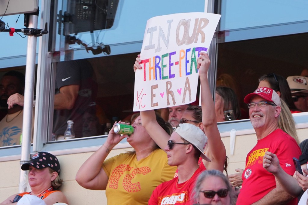 Sep 15, 2024; Kansas City, Missouri, USA; A fan shows support with a home made sign during the game between the Kansas City Chiefs and Cincinnati Bengals at GEHA Field at Arrowhead Stadium.