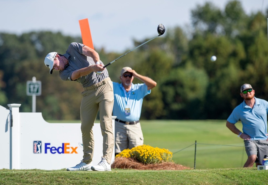 Nick Dunlap of Tuscaloosa, Ala., tees off on the 18th during the third round of the Sanderson Farms Championship at the Country Club of Jackson in Jackson, Miss., Saturday, Oct. 5, 2024.