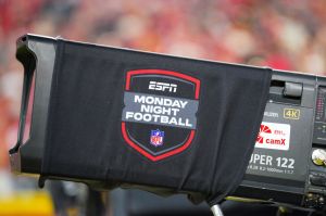 Oct 7, 2024; Kansas City, Missouri, USA; A general view of the ESPN Monday night Football logo during the first half of the game between the Kansas City Chiefs and New Orleans Saints at GEHA Field at Arrowhead Stadium.