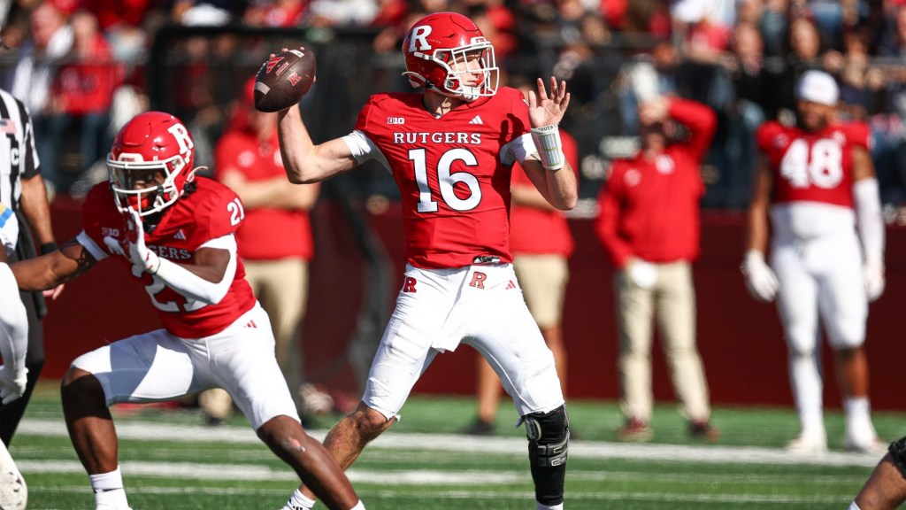 Oct 19, 2024; Piscataway, New Jersey, USA; Rutgers Scarlet Knights quarterback Athan Kaliakmanis (16) throws the ball during the second half against the UCLA Bruins at SHI Stadium.