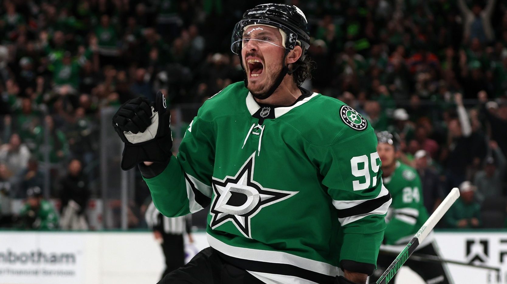 Oct 19, 2024; Dallas, Texas, USA; Dallas Stars center Matt Duchene (95) celebrates after scoring a goal against the Edmonton Oilers in the second period at American Airlines Center.