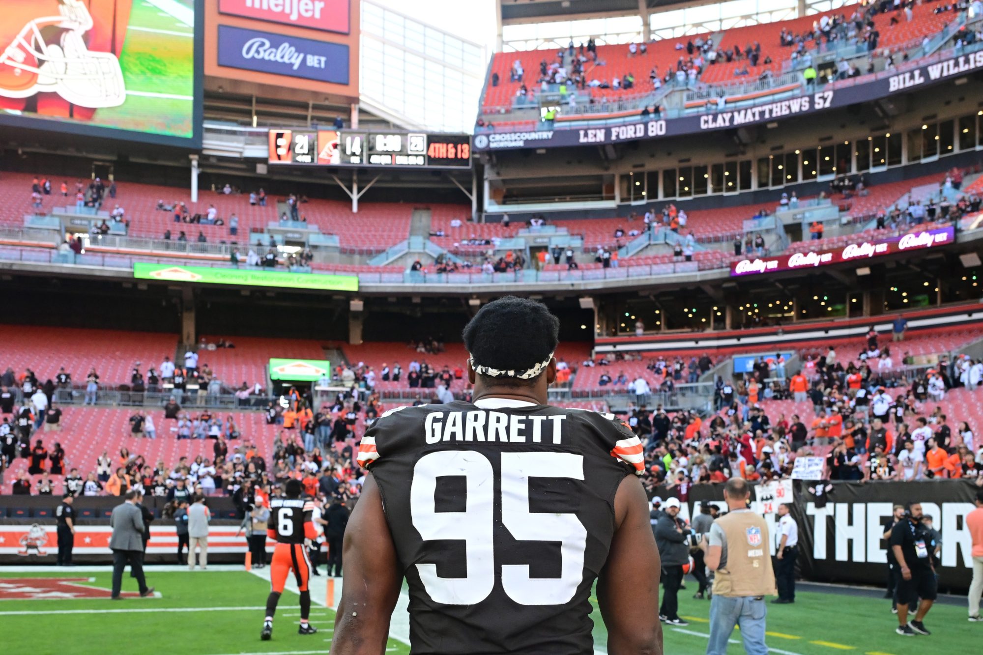 Oct 20, 2024; Cleveland, Ohio, USA; Cleveland Browns defensive end Myles Garrett (95) walks off the field after the game against the Cincinnati Bengals at Huntington Bank Field.