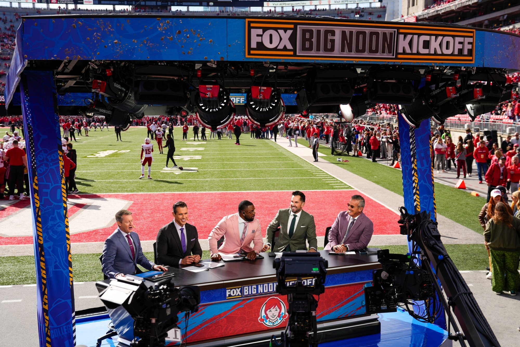 The Fox Big Noon Kickoff crew broadcasts from the endzone prior to the NCAA football game between the Ohio State Buckeyes and the Nebraska Cornhuskers at Ohio Stadium in Columbus on Saturday, Oct. 26, 2024.