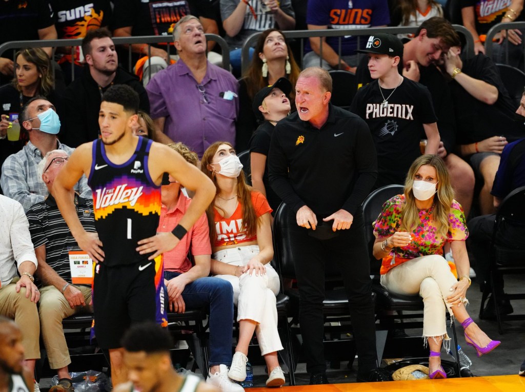 Jul 8, 2021; Phoenix, Arizona, USA; Phoenix Suns owner Robert Sarver reacts during the second half in game two of the 2021 NBA Finals at Phoenix Suns Arena. Mandatory Credit: