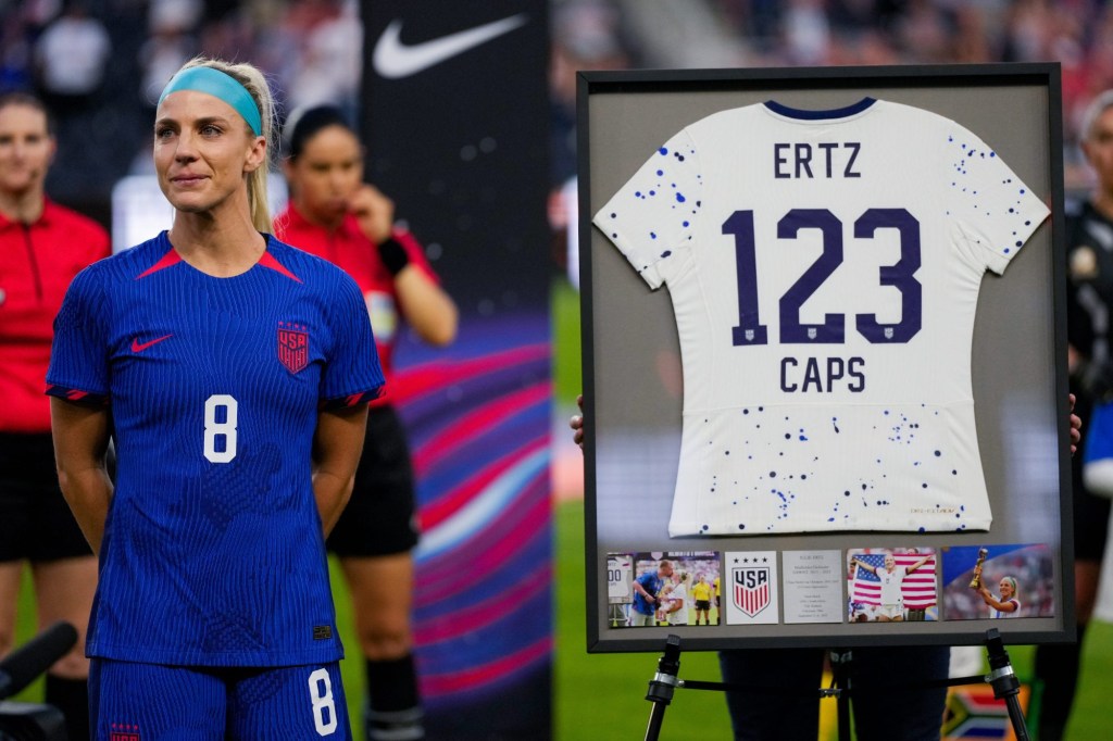 United States midfielder Julie Ertz (8) is honored before the first half of the Woman’s Soccer International Friendly match between the United States National Teams and the South Africa at TQL Stadium in Cincinnati on Thursday, Sept. 21, 2023. USA led 3-0 at halftime.