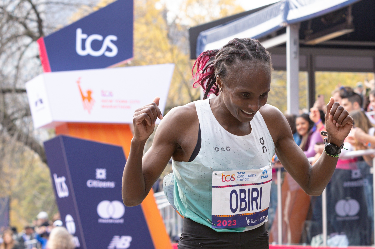 Nov 5, 2023; New York, NY, USA; Hellen Obiri of Kenya celebrates after finishing first place in the NYC Marathon.