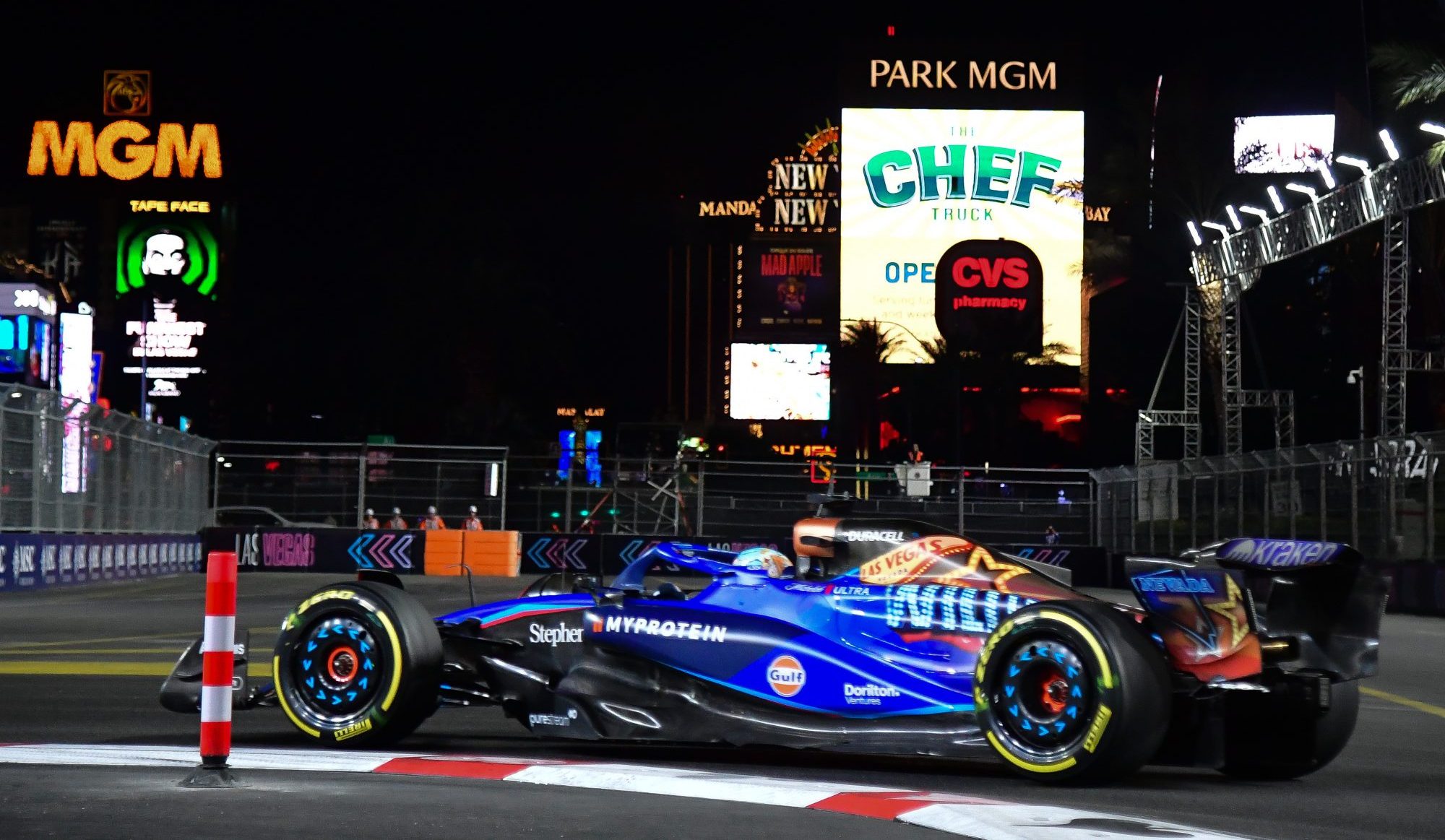 Nov 18, 2023; Las Vegas, Nevada, USA; Williams Racing driver Logan Sargeant of the United States (2) during the Las Vegas Grand Prix at Las Vegas Strip Circuit.