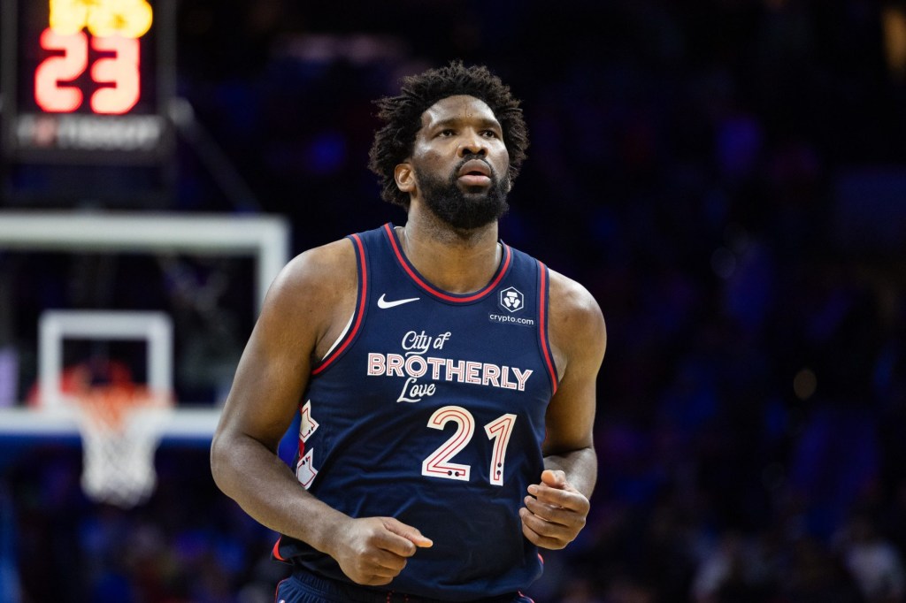 Jan 22, 2024; Philadelphia, Pennsylvania, USA; Philadelphia 76ers center Joel Embiid (21) looks on after scoring during the fourth quarter against the San Antonio Spurs at Wells Fargo Center.