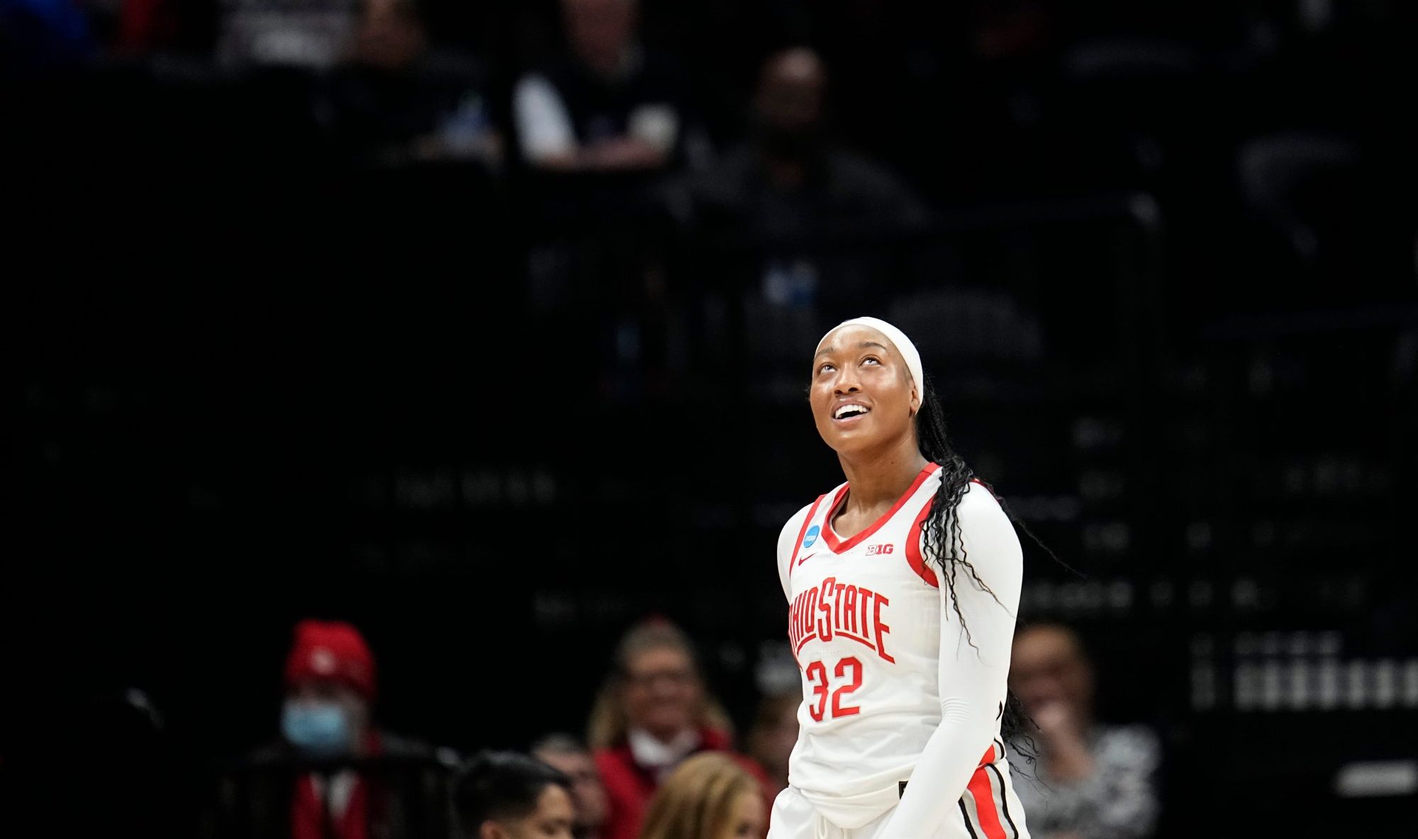 Mar 24, 2024; Columbus, OH, USA; Ohio State Buckeyes forward Cotie McMahon (32) walks to the bench during the first half of the women’s NCAA Tournament second round against the Duke Blue Devils at Value City Arena.