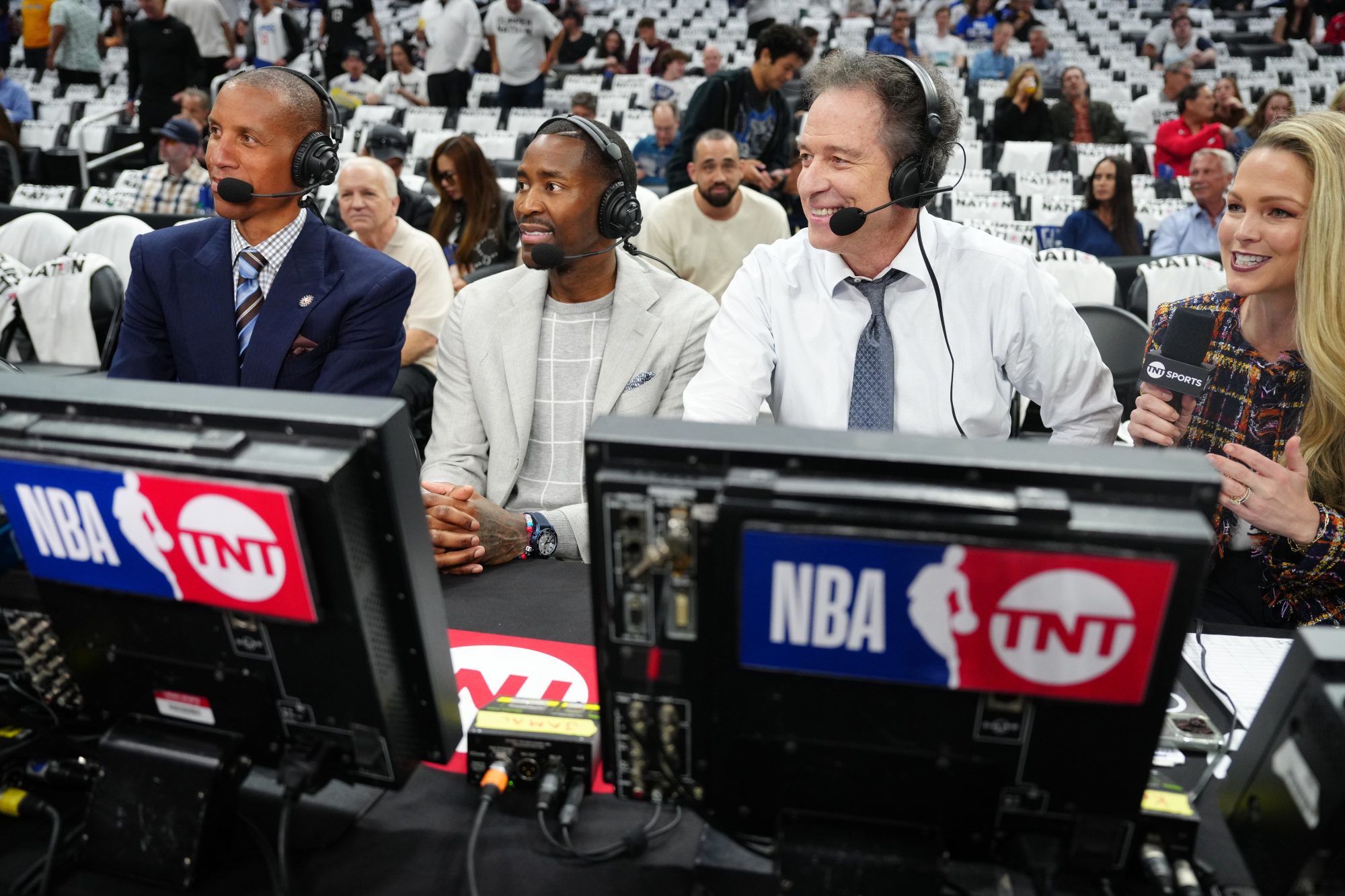 May 1, 2024; Los Angeles, California, USA; From left: TNT analysts Reggie Miller and Jamal Crawford, play-by-play announcer Kevin Harland and reporter Allie LaForce during game five of the first round for the 2024 NBA playoffs at Crypto.com Arena.