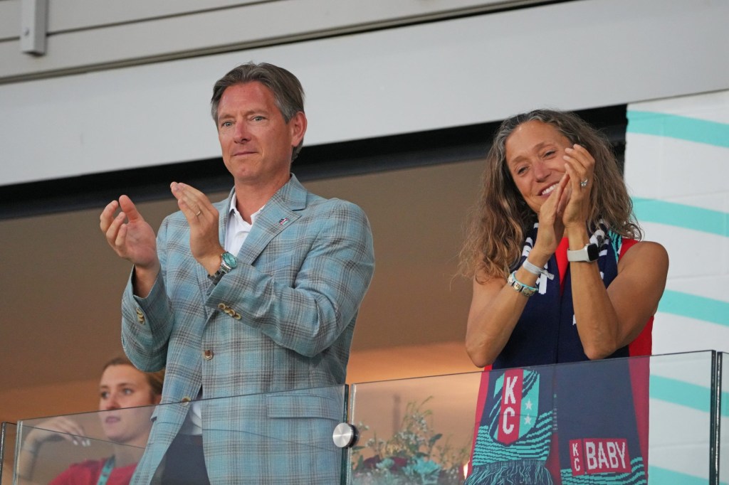 May 18, 2024; Kansas City, Missouri, USA; Kansas City Current Owners Chris and Angie Long look on before the game between Kansas City Current and Racing Louisville FC at CPKC Stadium