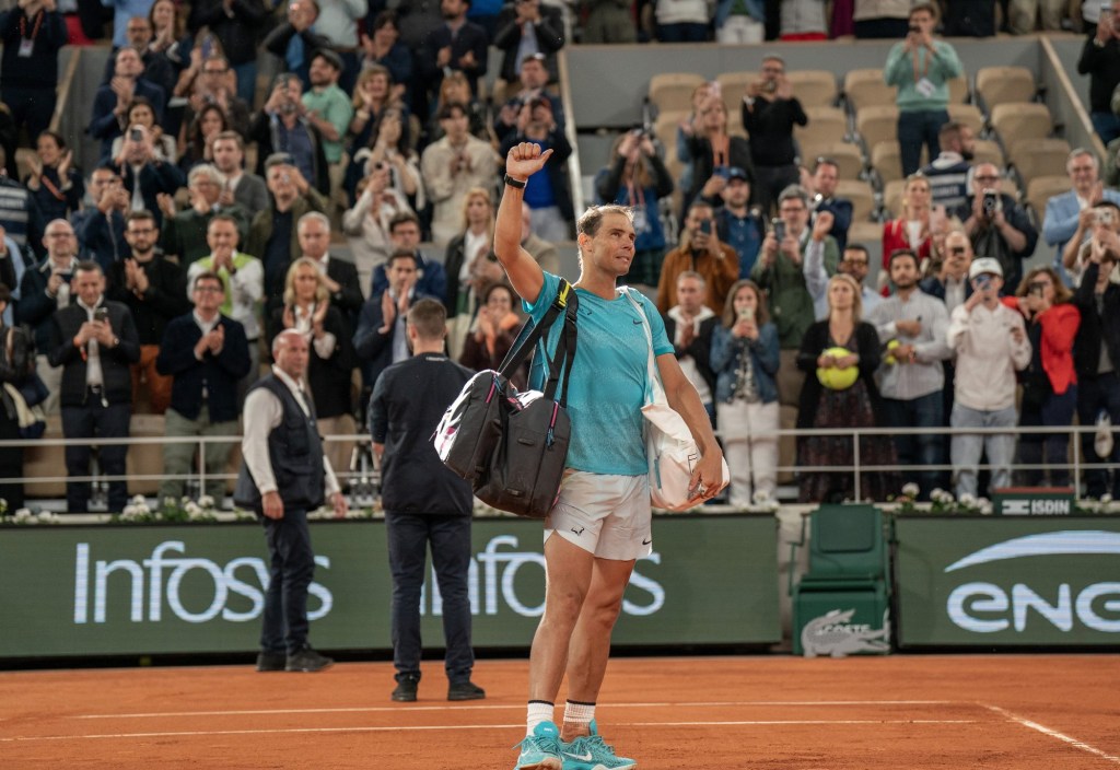 May 27, 2024; Paris, France; Rafael Nadal of Spain waves goodbye after his match against Alexander Zverev of Germany on day two of Roland Garros at Stade Roland Garros.