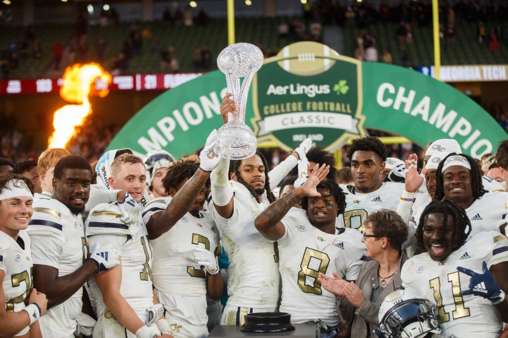 Aug 24, 2024; Dublin, IRL; Georgia Tech celebrate their win against Florida State at Aviva Stadium.