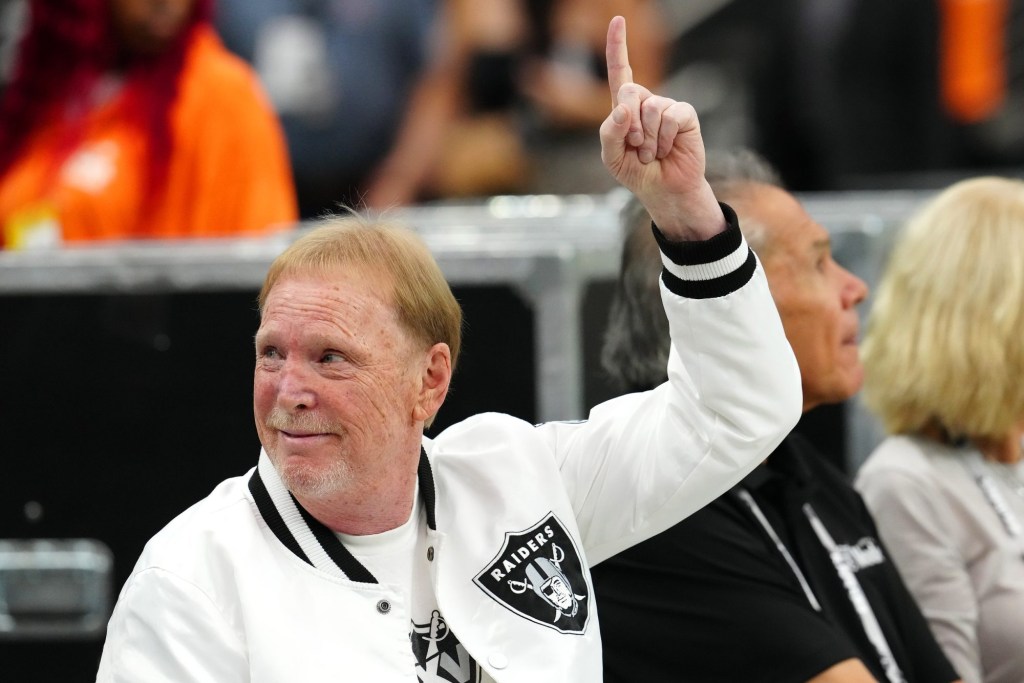 Sep 29, 2024; Paradise, Nevada, USA; Las Vegas Raiders owner Mark Davis acknowledges a fan before the start of a game between the Raiders and the Cleveland Browns at Allegiant Stadium.