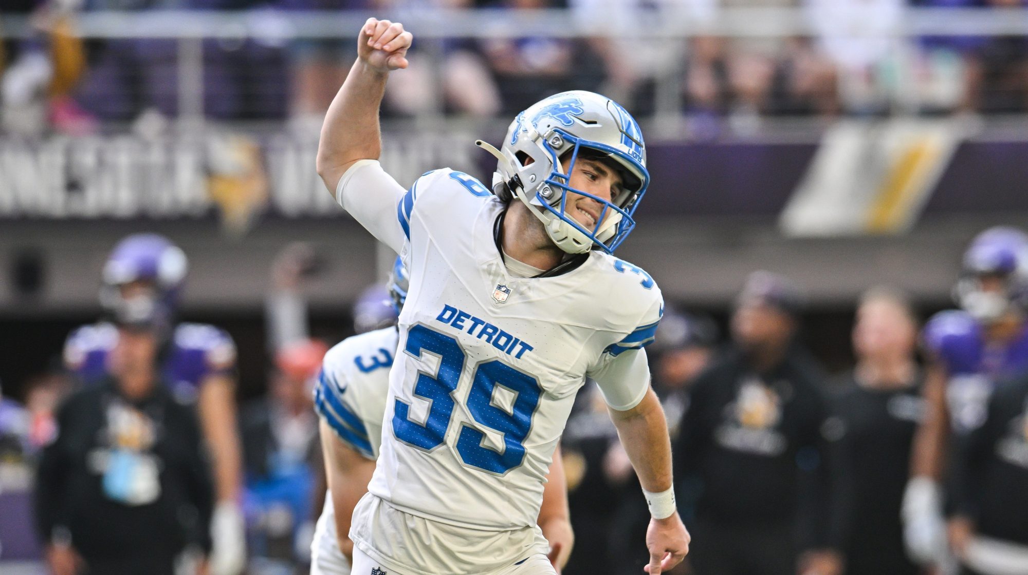 Oct 20, 2024; Minneapolis, Minnesota, USA; Detroit Lions place kicker Jake Bates (39) reacts after kicking the game winning field goal late during the fourth quarter against the Minnesota Vikings at U.S. Bank Stadium.