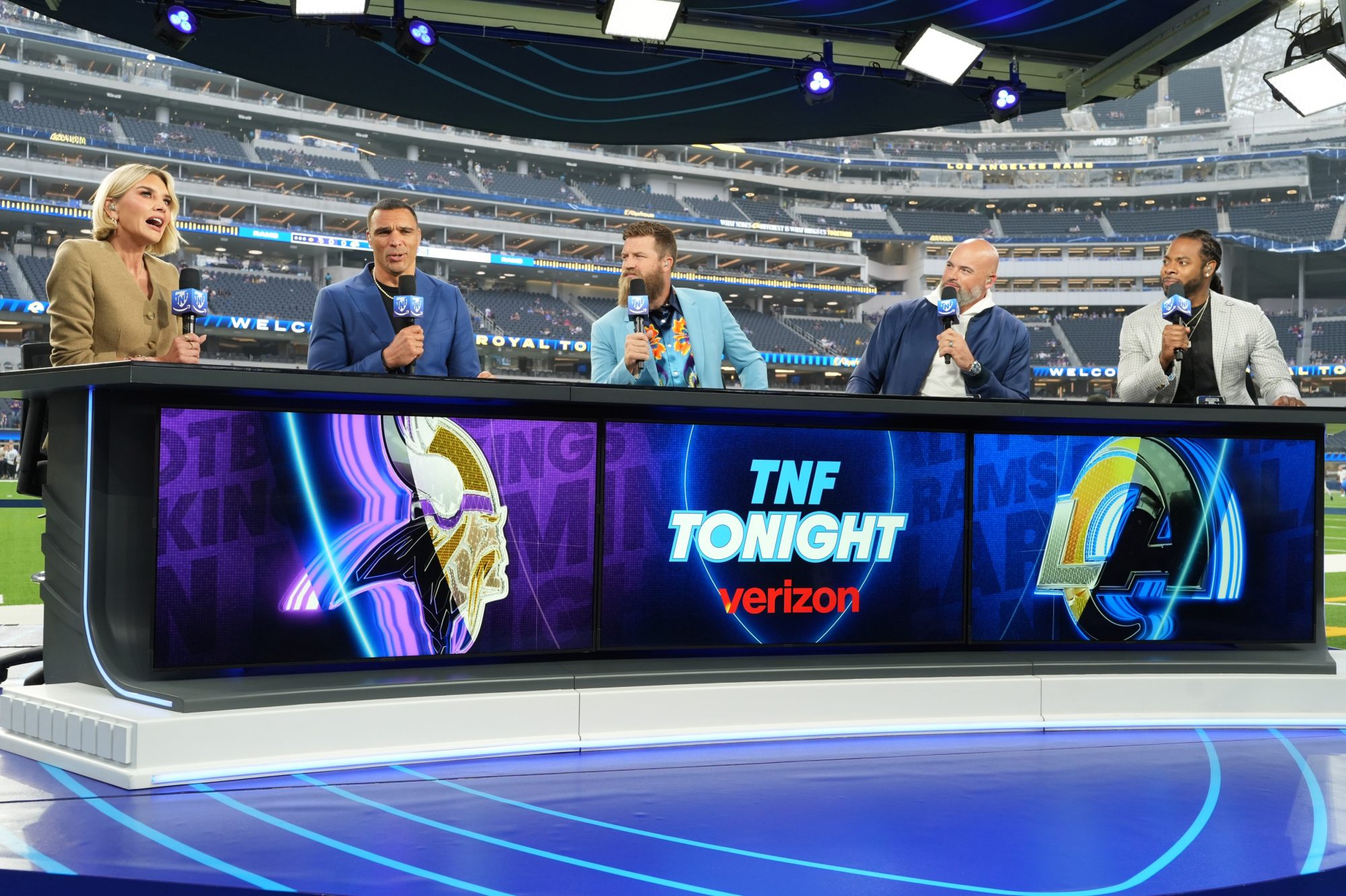 Oct 24, 2024; Inglewood, California, USA; Thursday Night Football broadcasters Clarissa Thompson, Tony Gonzalez, Ryan Fitzpatrick, Andrew Whitworth and Richard Sherman at SoFi Stadium.