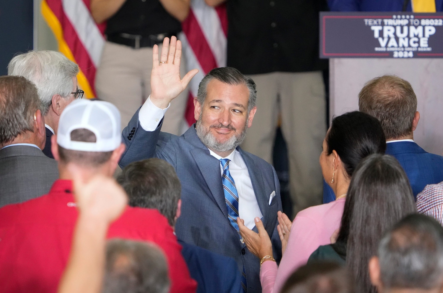 Sen. Ted Cruz is introduced by former President Donald Trump at a rally at Million Air, a private airplane terminal at Austin-Bergstrom International Airport, Friday October 25, 2024.