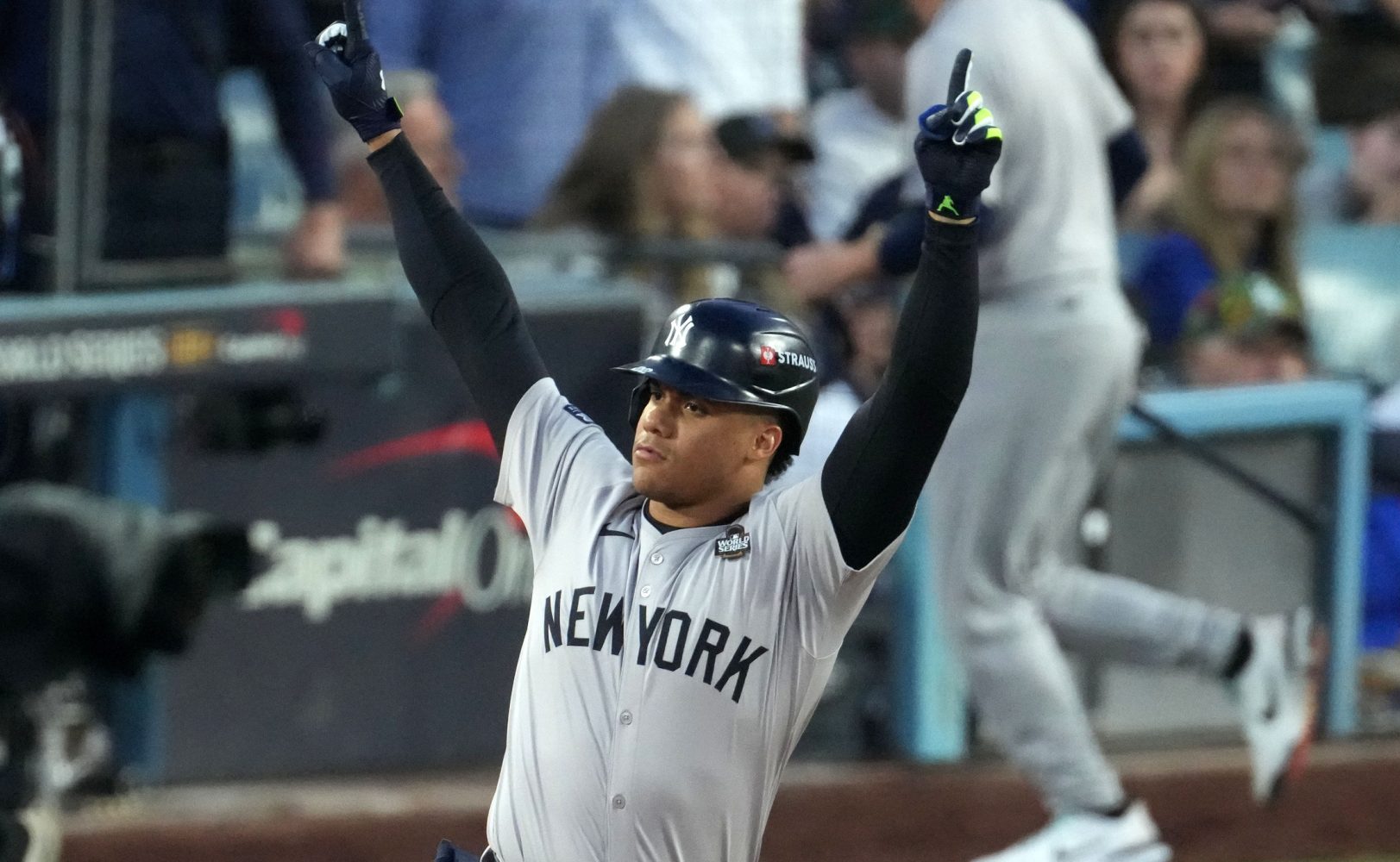 Oct 26, 2024; Los Angeles, California, USA; New York Yankees outfielder Juan Soto (22) reacts after hitting a home run against the Los Angeles Dodgers in the third inning for game two of the 2024 MLB World Series at Dodger Stadium.