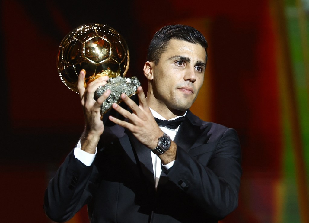 Oct 28, 2024; Paris, FRANCE; Spain and Manchester City player Rodri with the Ballon d'Or at Theatre du Chatelet.