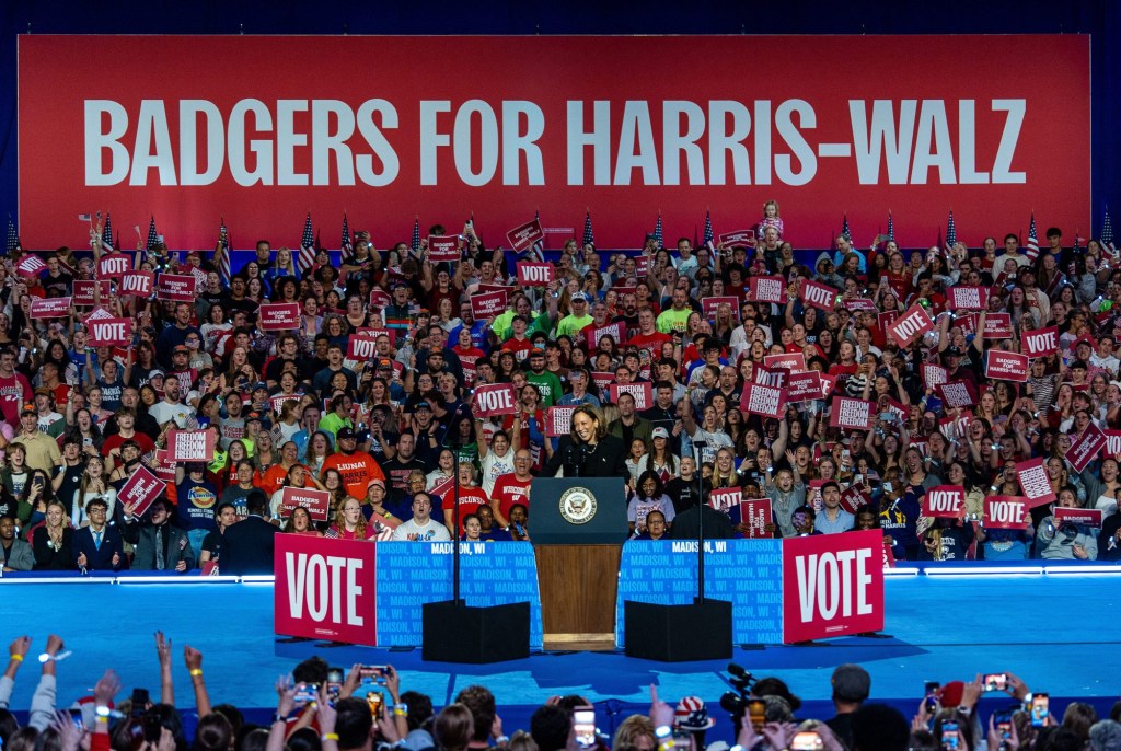 Vice President Kamala Harris delivers remarks at a campaign rally on Wednesday October 30, 2024 at the Alliant Energy Center in Madison, Wis.