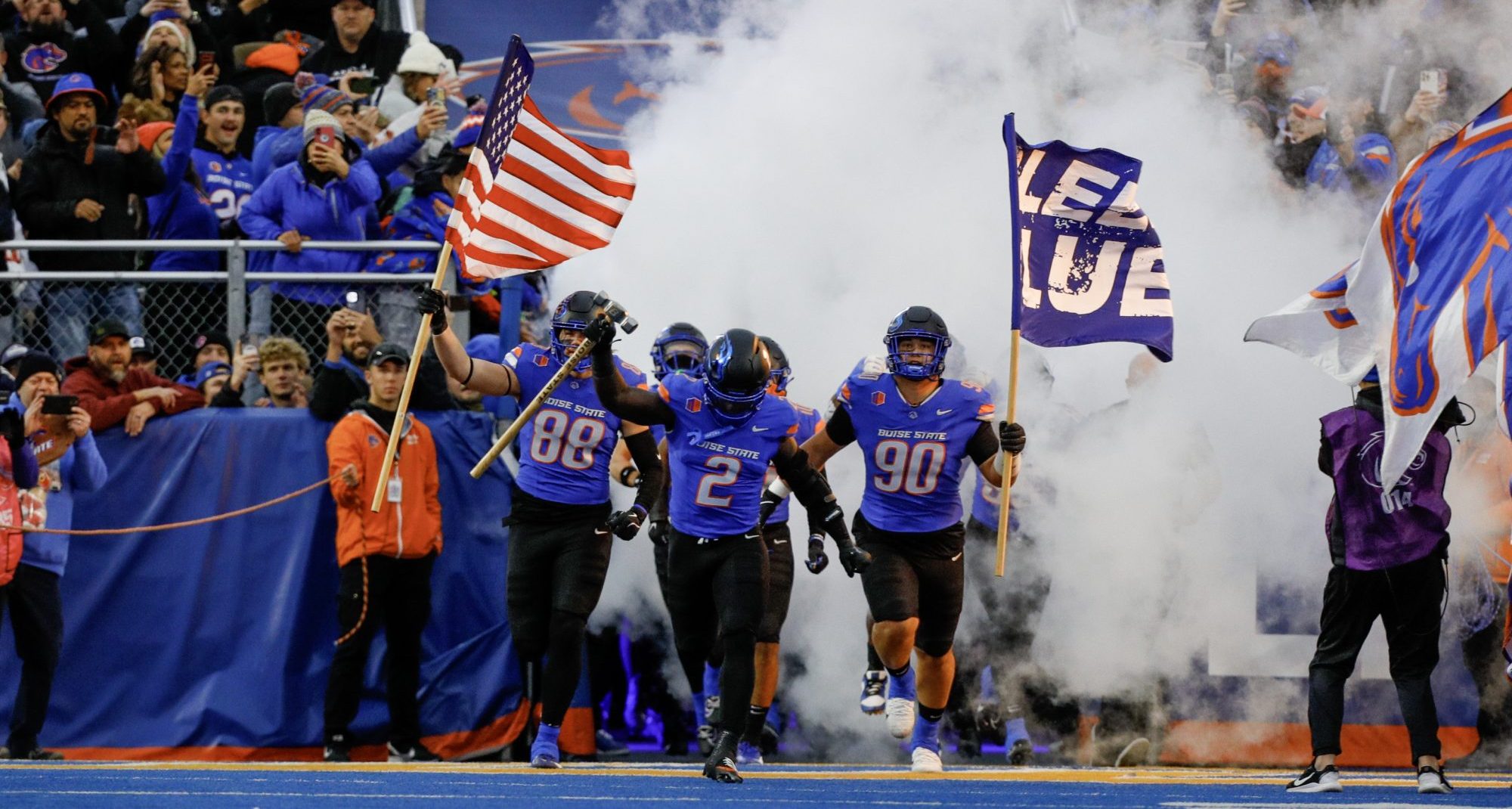 Nov 1, 2024; Boise, Idaho, USA; Boise State Broncos running back Ashton Jeanty (2) leads the team onto the field prior to the first quarter against the San Diego State Aztecs at Albertsons Stadium.