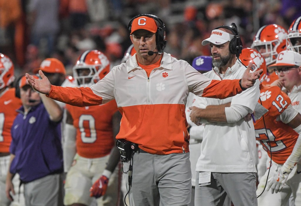 Nov 2, 2024; Clemson, South Carolina, USA; Clemson Tigers head coach Dabo Swinney reacts during the fourth quarter against the Louisville Cardinals at Memorial Stadium.