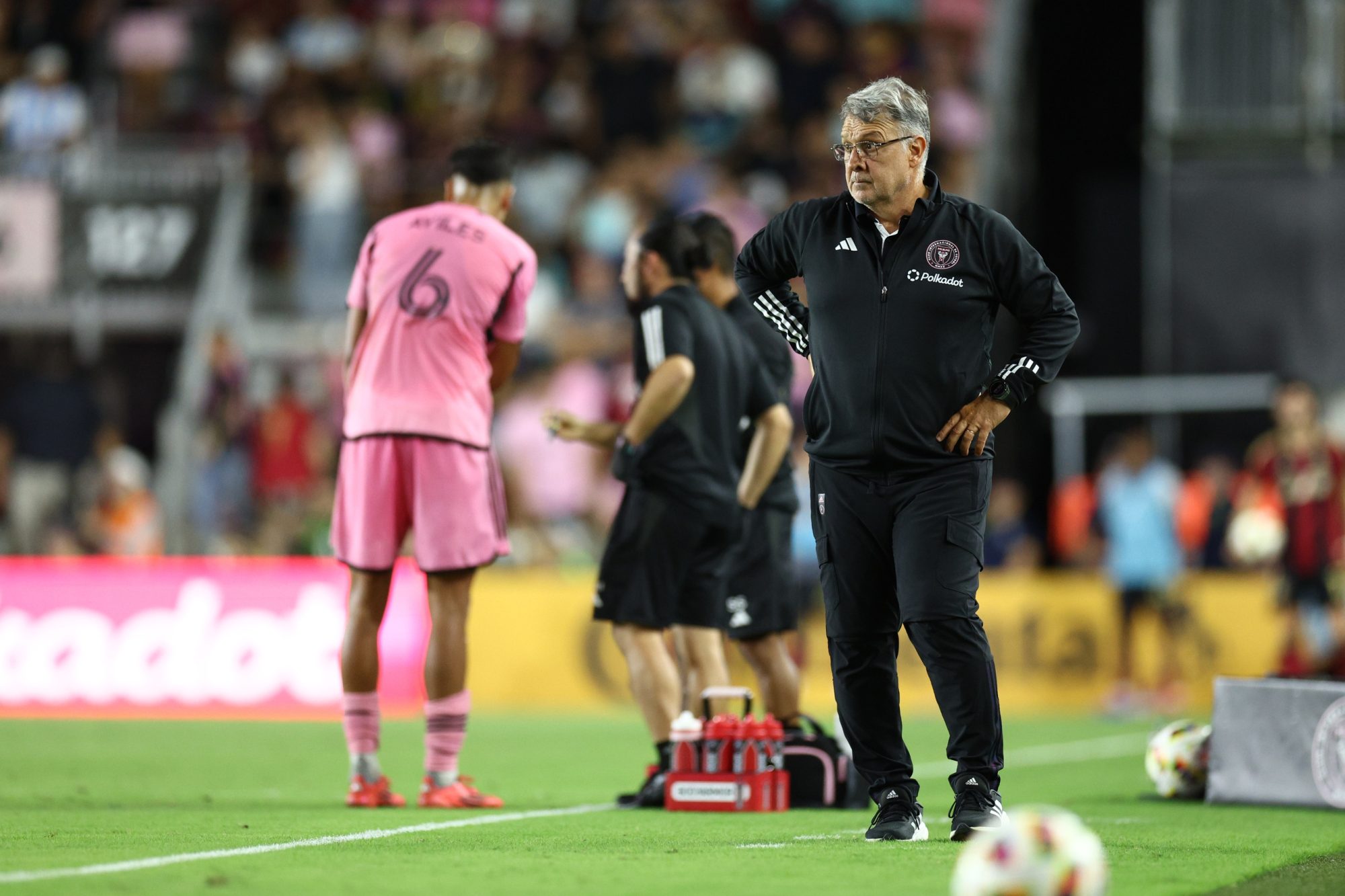 Nov 9, 2024; Fort Lauderdale, Florida, USA; Inter Miami CF head coach Gerardo Martino reacts in the second half against the Atlanta United FC in a 2024 MLS Cup Playoffs Round One match at Chase Stadium.