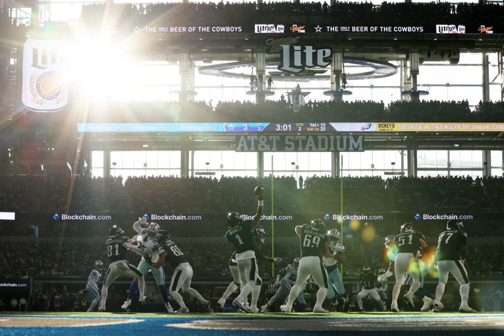 Nov 10, 2024; Arlington, Texas, USA; Philadelphia Eagles quarterback Jalen Hurts (1) throws a pass against the Dallas Cowboys in the game at AT&T Stadium.