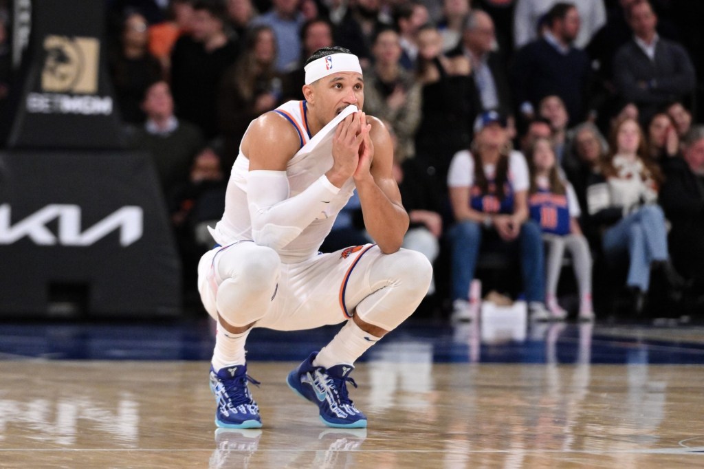 Nov 13, 2024; New York, New York, USA; New York Knicks guard Josh Hart (3) reacts after fouling Chicago Bulls guard Coby White (not pictured) during the second half at Madison Square Garden.