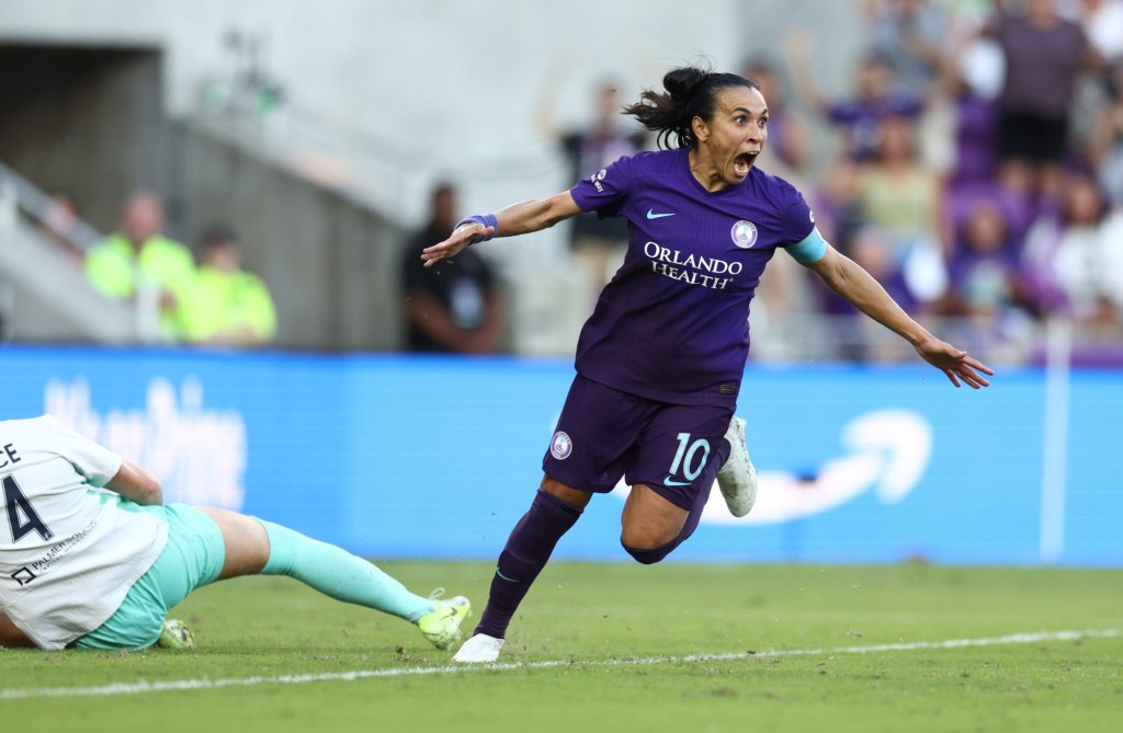 Nov 17, 2024; Orlando, FL, USA; Orlando Pride forward Marta (10) celebrates after scoring a goal against the Kansas City Current in a NWSL playoff semifinal match at Inter&Co Stadium