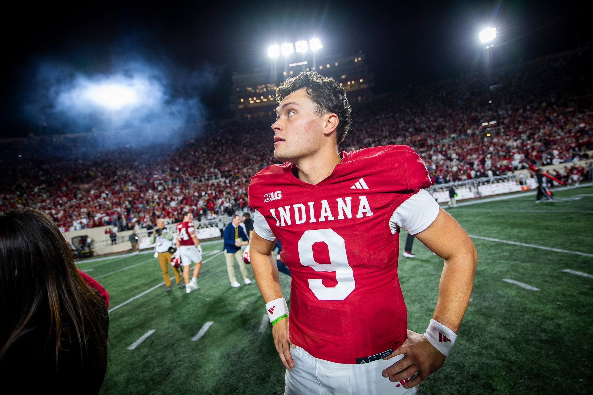 Indiana quarterback Kurtis Rourke gazes into the crowd after the Hoosiers beat Michigan on Nov. 9, 2024, in Bloomington, Indiana.