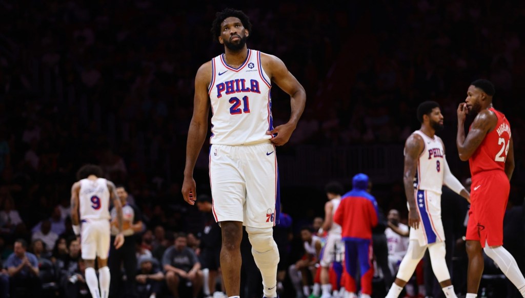 Nov 18, 2024; Miami, Florida, USA; Philadelphia 76ers center Joel Embiid (21) looks on against the Miami Heat during the third quarter at Kaseya Center.