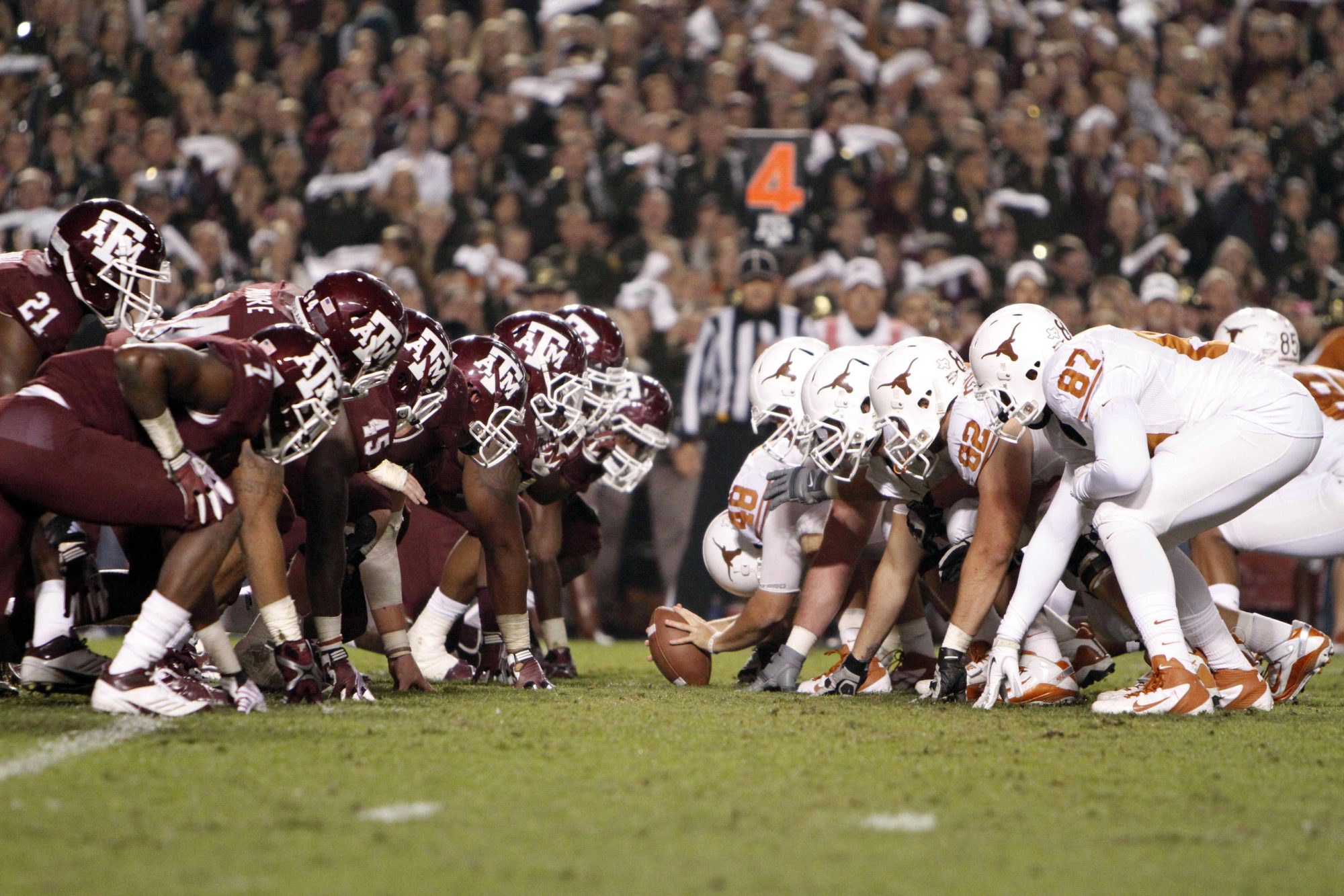 Nov 24, 2011; College Station, TX, USA; General view of the line of scrimmage during a game between the Texas A&M Aggies and Texas Longhorns in the third quarter at Kyle Field.