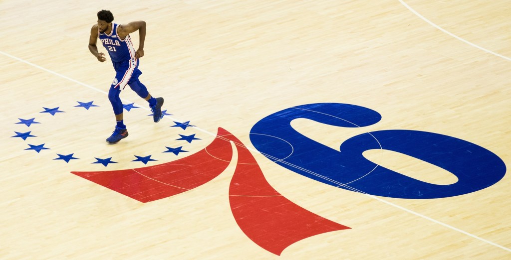 Jan 3, 2018; Philadelphia, PA, USA; General view as Philadelphia 76ers center Joel Embiid (21) runs across the center court logo during the third quarter against the San Antonio Spurs at Wells Fargo Center.