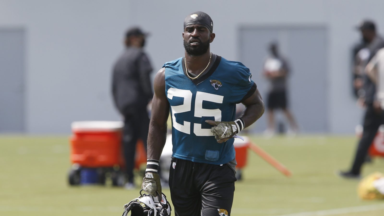Aug 16, 2020; Jacksonville, Florida, United States; Jacksonville Jaguars corner back D.J. Hayden (25) walks down the field during training camp drills at the Dream Finders Homes training facility.