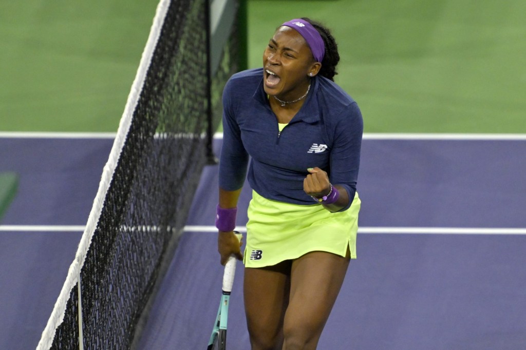 Mar 15, 2024; Indian Wells, CA, USA; Coco Gauff (USA) celebrates a shot in her semi-final match against Maria Sakkari (GRE) in the BNP Paribas Open at the Indian Wells Tennis Garden