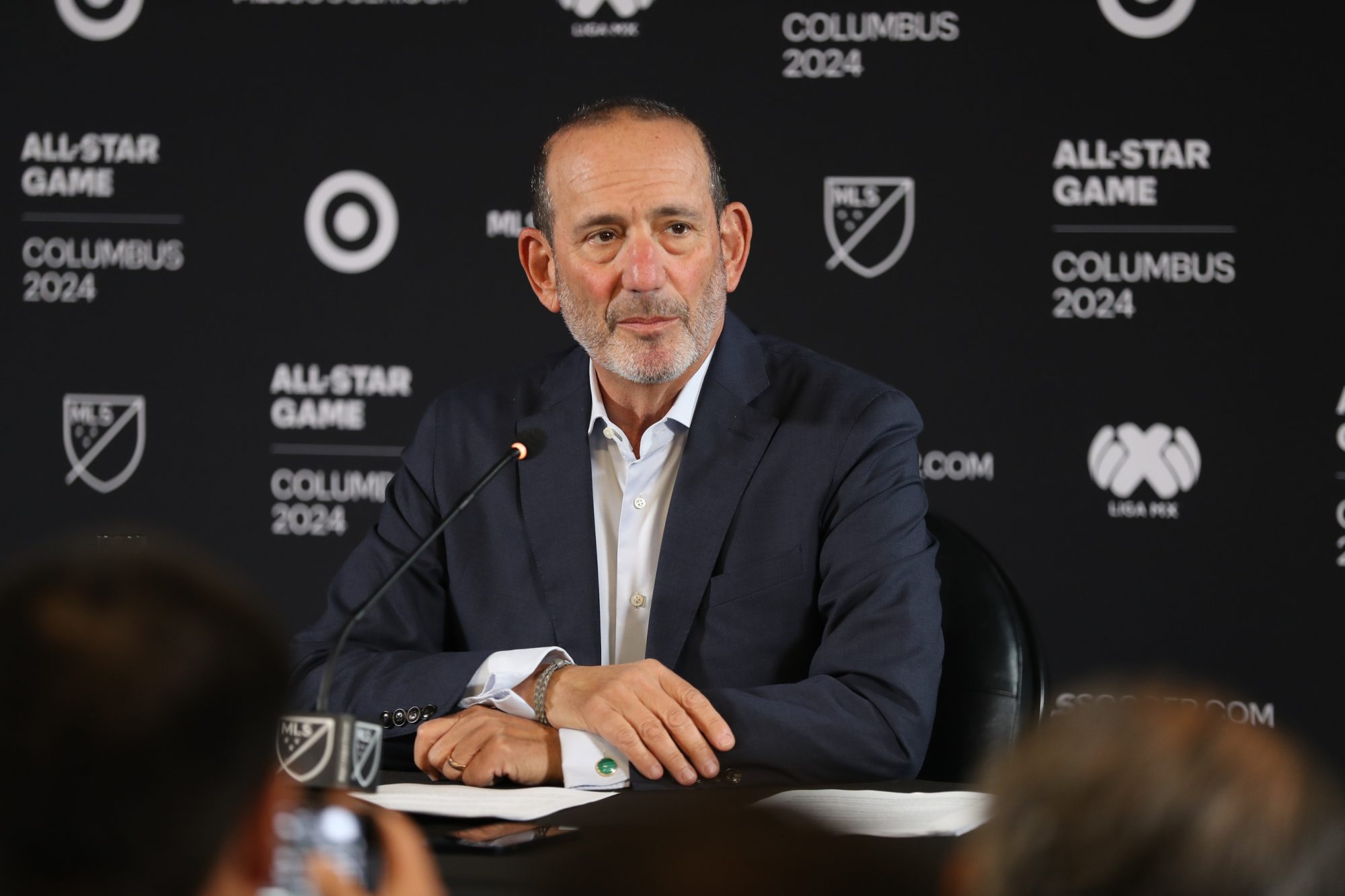 Jul 24, 2024; Columbus, Ohio, USA; MLS Commissioner Don Garber speaks with media members before the 2024 MLS All-Star Game at Lower.com Field.